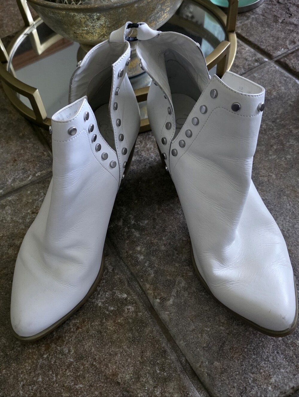 Fergie Mariella White Leather Studded Ankle Boots - Women Size 9 - Picture 2 of 3